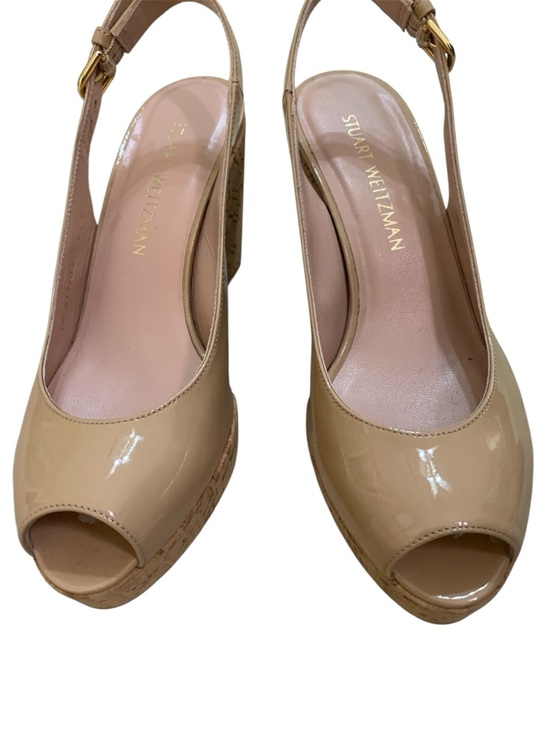 Stuart Weitzman Women’s Adobe Nude Patent Leather Peep-Toe Wedge Slingbacks 7.5 - Picture 3 of 8